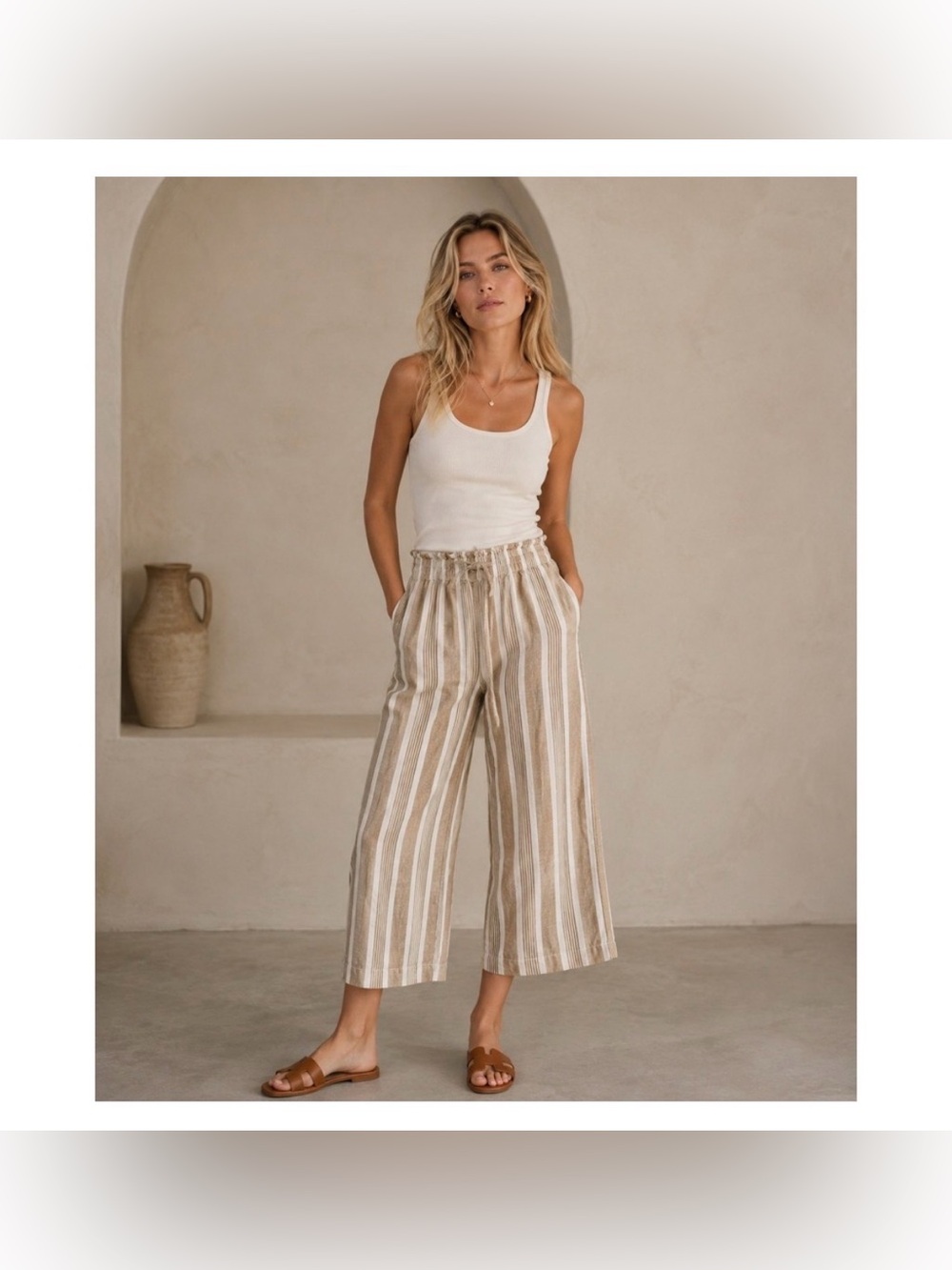 Madewell Linen Blend Huston Pull On Crop Pants High Rise Wide Leg Size XS Beach